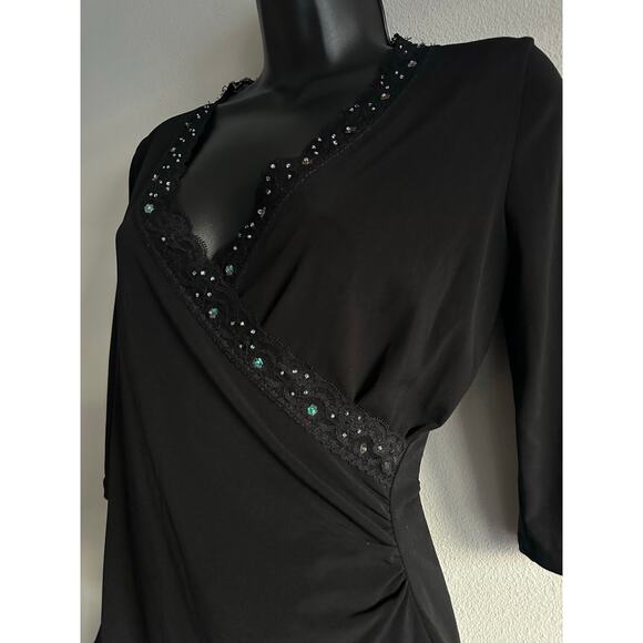 Vintage 2000s Black Wrap Top Lace Beaded Sequin Y2K Blouse Small - Picture 3 of 7